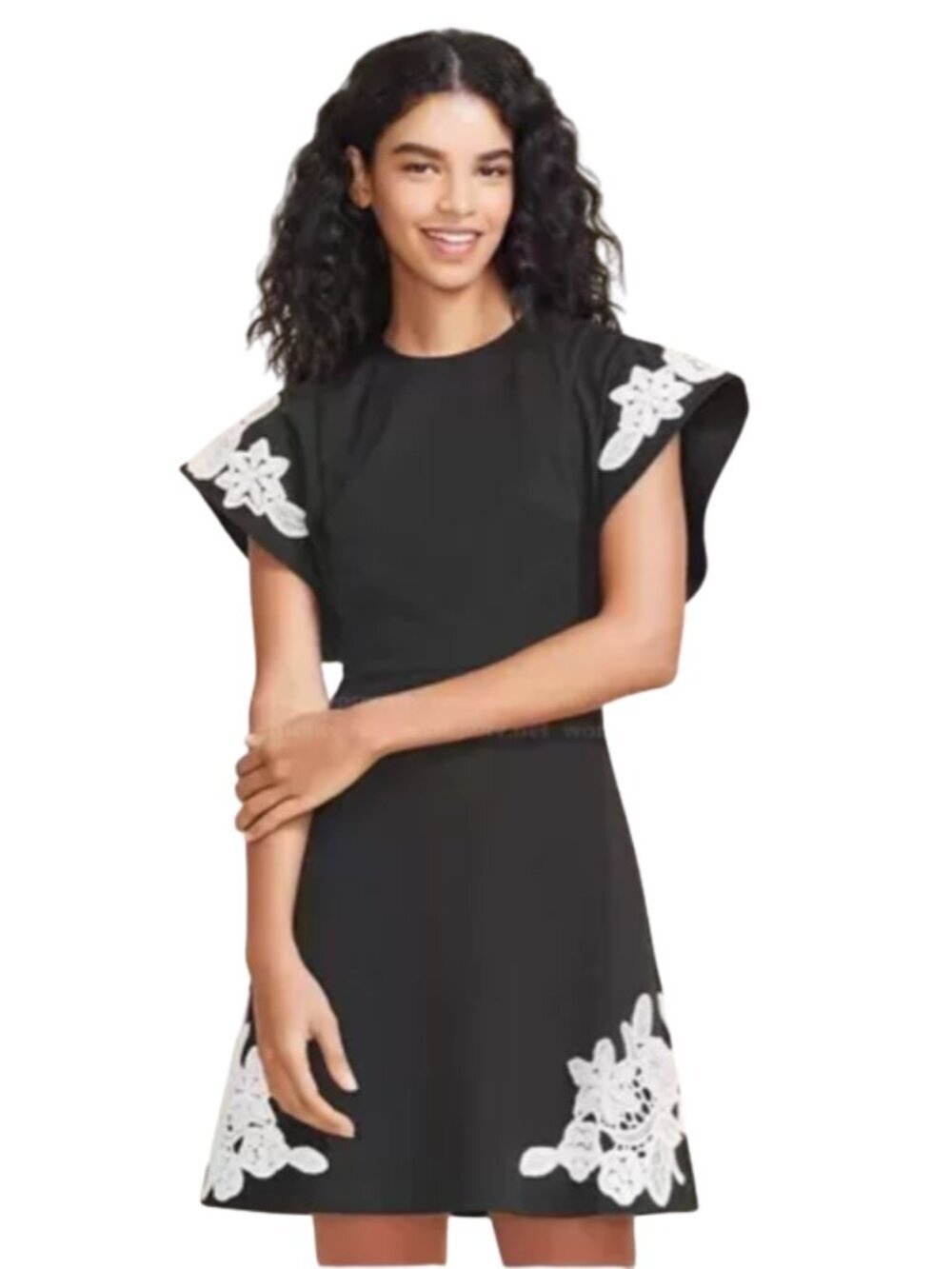 Pearl by Lela Rose Floral Lace Flutter Sleeve Dress Cocktail Old Money Black - 8